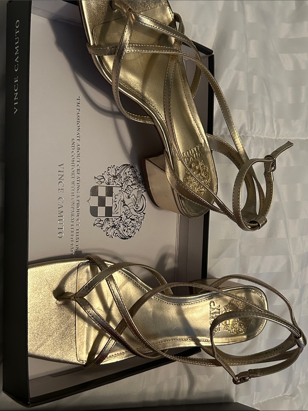 Vince Camuto Metallic Gold Strappy Block Heel Sandals